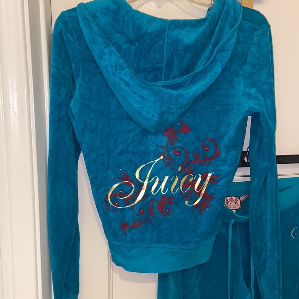 Vintage JUICY COUTURE Y2K TEAL BLUE VELOUR TRACKSUIT MATCHING SET - Picture 5 of 11
